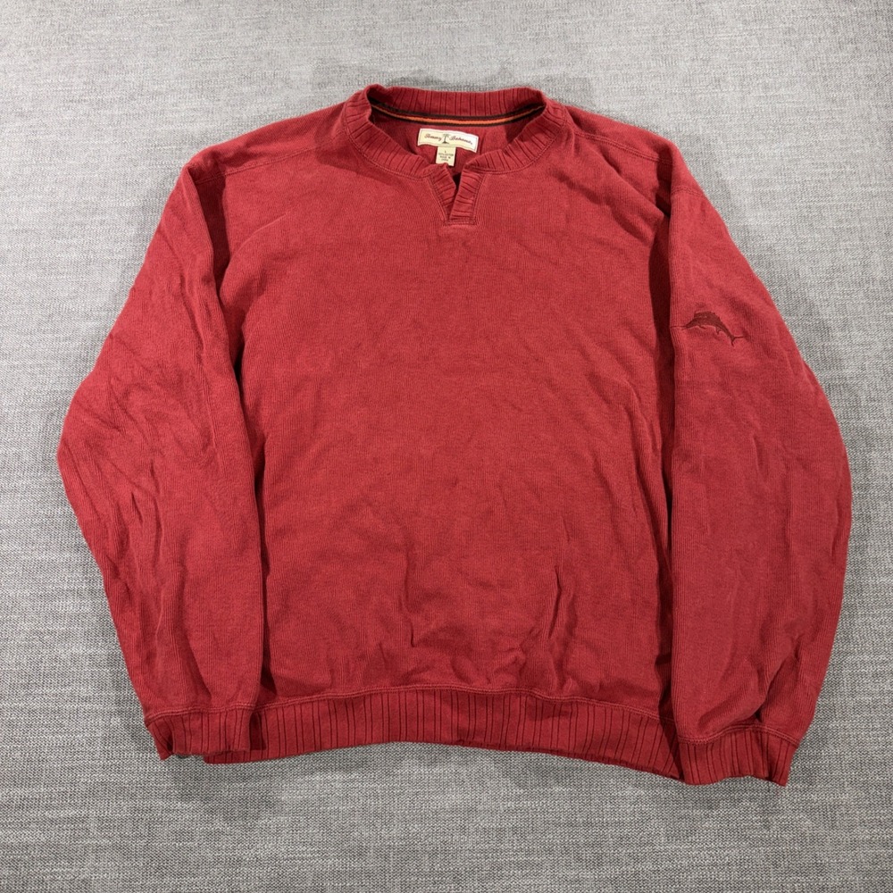 Tommy Bahama Sweater Mens Large Red Excellent Split Neck Cotton Marlin Pullover